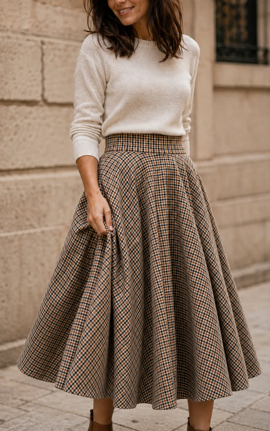 Falda Old Money Midi Waini en un look exterior