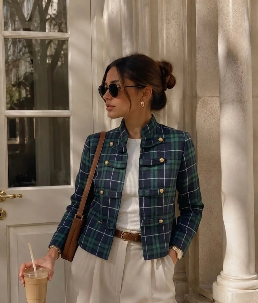 Mujer luciendo la Chaqueta Mulligan escocesa verde