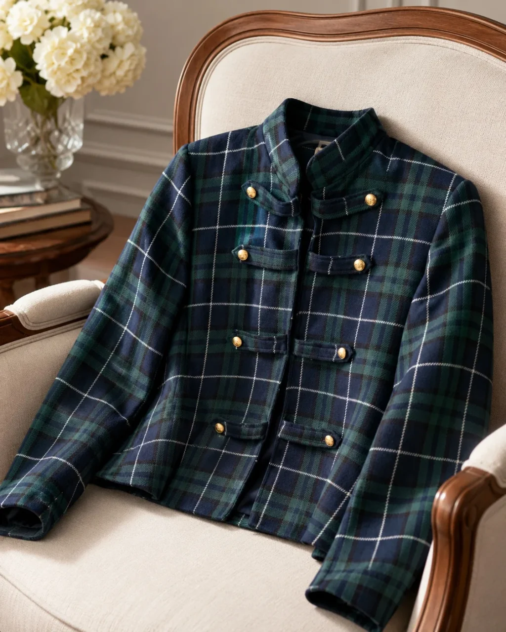 Chaqueta Mulligan escocesa verde con botones dorados