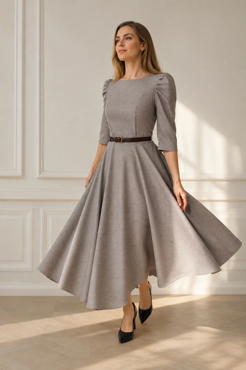 Vestido Lua Princess Old Money, movimiento de falda Pata de gallo Ébano