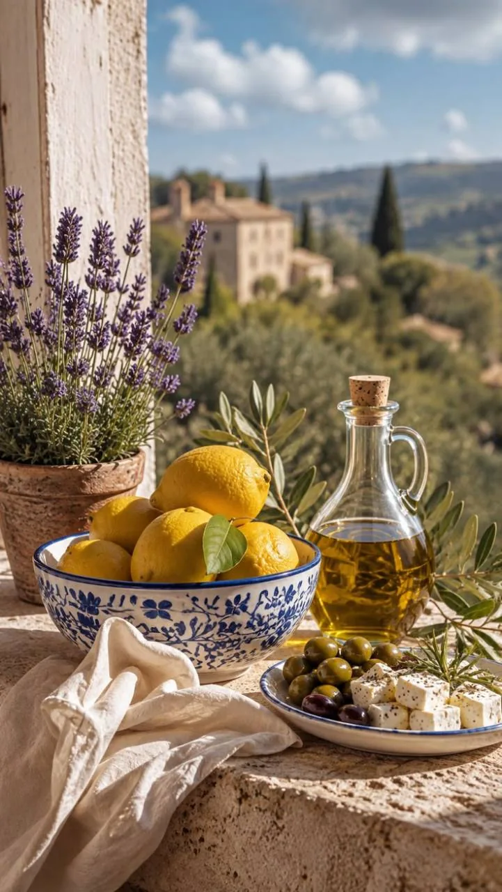 Limones, aceitunas y aceite de oliva en una mesa inspirada en Amalfi.