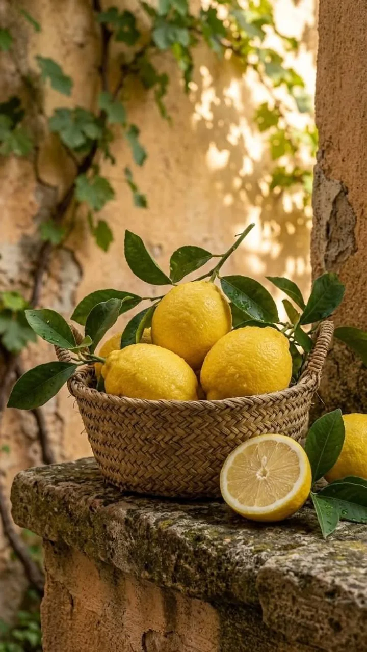 Canasto de limones en una escena inspirada en Amalfi.