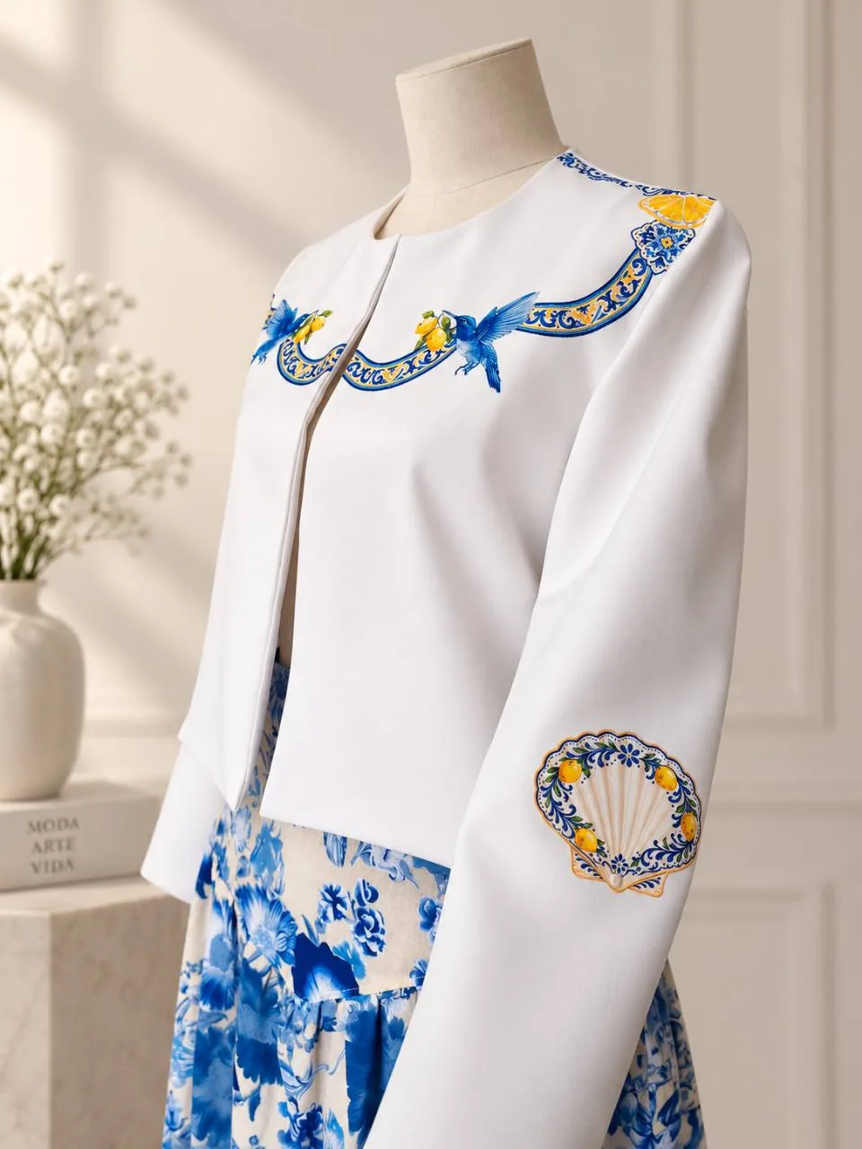 Detalle de chaqueta blanca Amalfi con bordado de limones y aves.