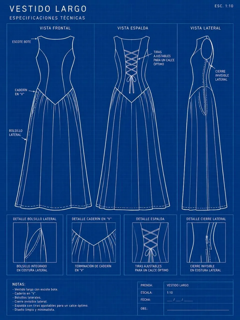 Ficha técnica de vestido largo con vistas frontal, espalda y lateral.